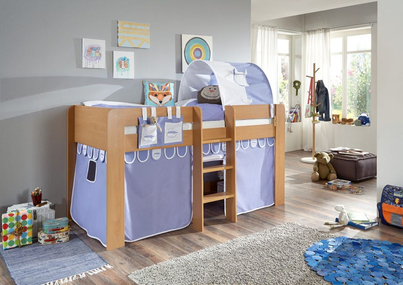 Hochbett ANDI 2 Kinderbett Spielbett halbhohes Bett Buche Stoffset Blau/Boy - Froschkönig24