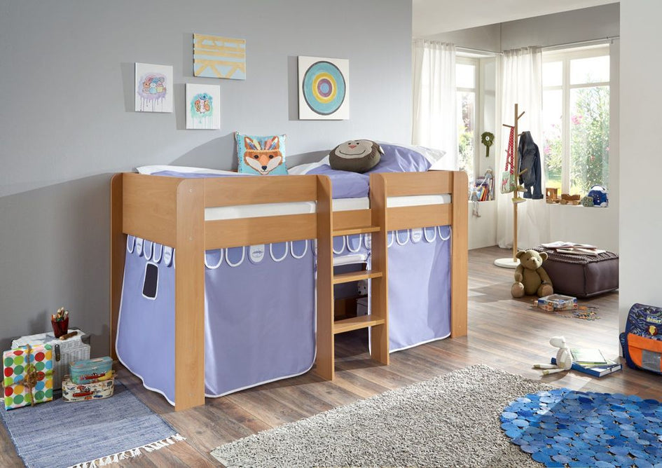 Hochbett ANDI 1 Kinderbett Spielbett halbhohes Bett Buche Stoffset Blau/Boy - Froschkönig24