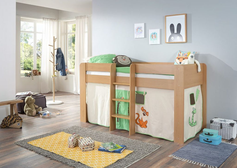 Hochbett ANDI 1 Kinderbett Spielbett halbhohes Bett Buche Stoffset Dschungel - Froschkönig24