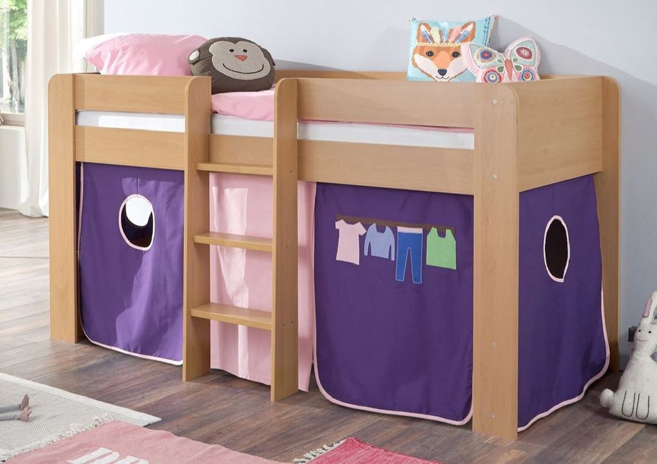 Hochbett ANDI 1 Kinderbett Spielbett halbhohes Bett Buche Stoffset Rosa/Violett - Froschkönig24