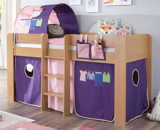 Hochbett ANDI 2 Kinderbett Spielbett halbhohes Bett Buche Stoffset Rosa/Violett - Froschkönig24