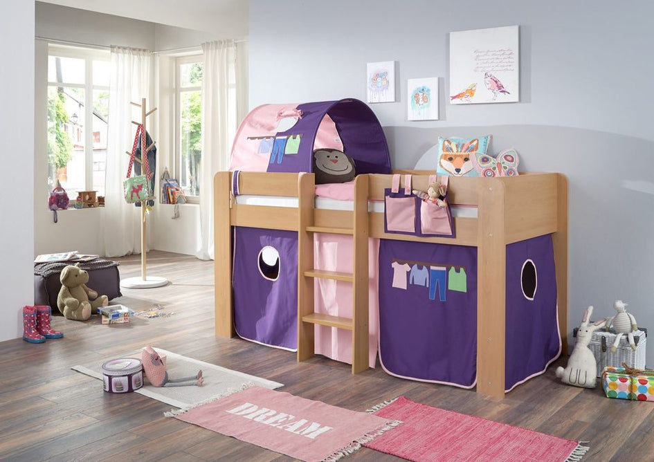 Hochbett ANDI 2 Kinderbett Spielbett halbhohes Bett Buche Stoffset Rosa/Violett - Froschkönig24