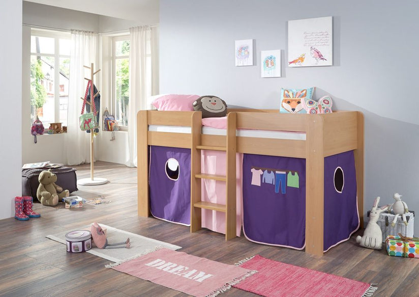 Hochbett ANDI 1 Kinderbett Spielbett halbhohes Bett Buche Stoffset Rosa/Violett - Froschkönig24