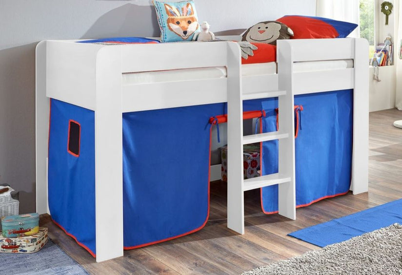 Hochbett ANDI 1 Kinderbett Spielbett halbhohes Bett Weiß Stoffset Blau/Rot - Froschkönig24