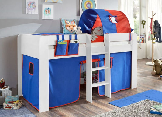 Hochbett ANDI 2 Kinderbett Spielbett halbhohes Bett Weiß Stoffset Blau/Rot - Froschkönig24