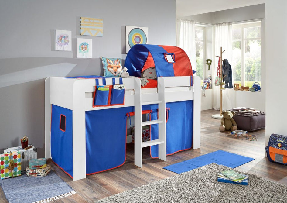 Hochbett ANDI 2 Kinderbett Spielbett halbhohes Bett Weiß Stoffset Blau/Rot - Froschkönig24