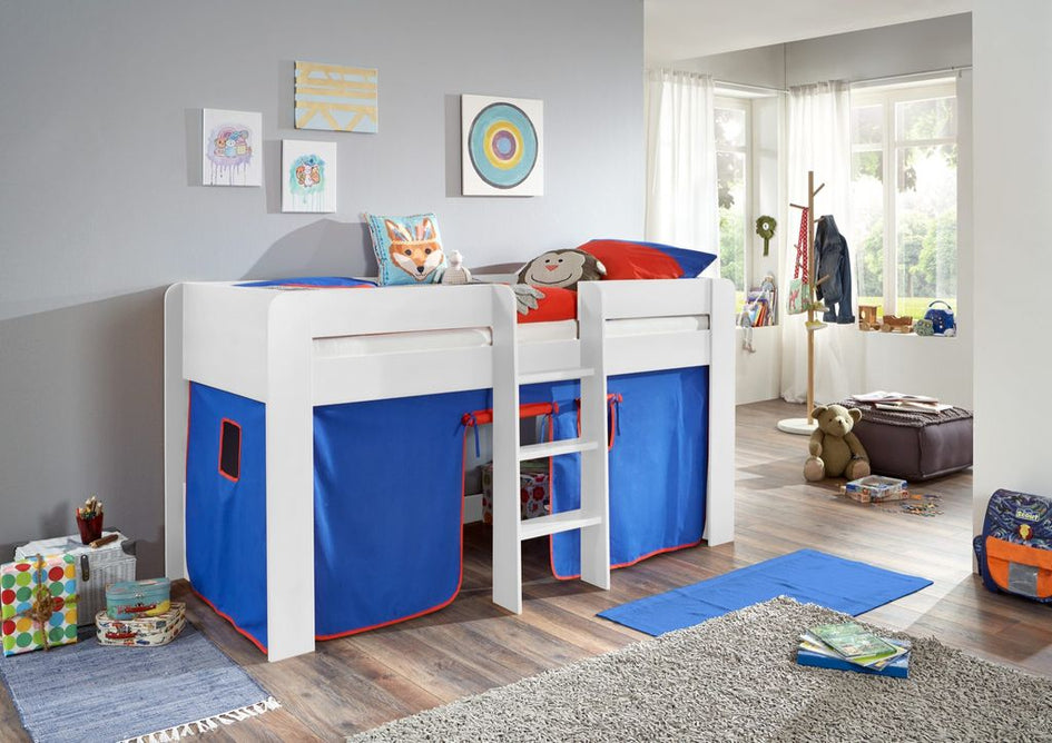 Hochbett ANDI 1 Kinderbett Spielbett halbhohes Bett Weiß Stoffset Blau/Rot - Froschkönig24