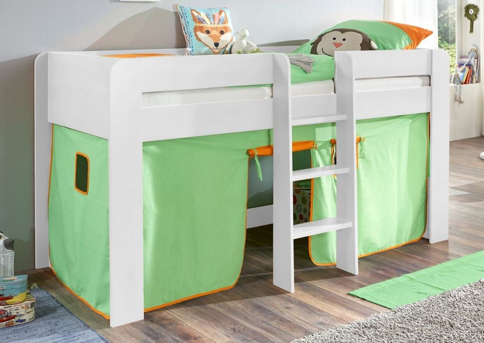 Hochbett ANDI 1 Kinderbett Spielbett halbhohes Bett Weiß Stoffset Grün/Orange - Froschkönig24