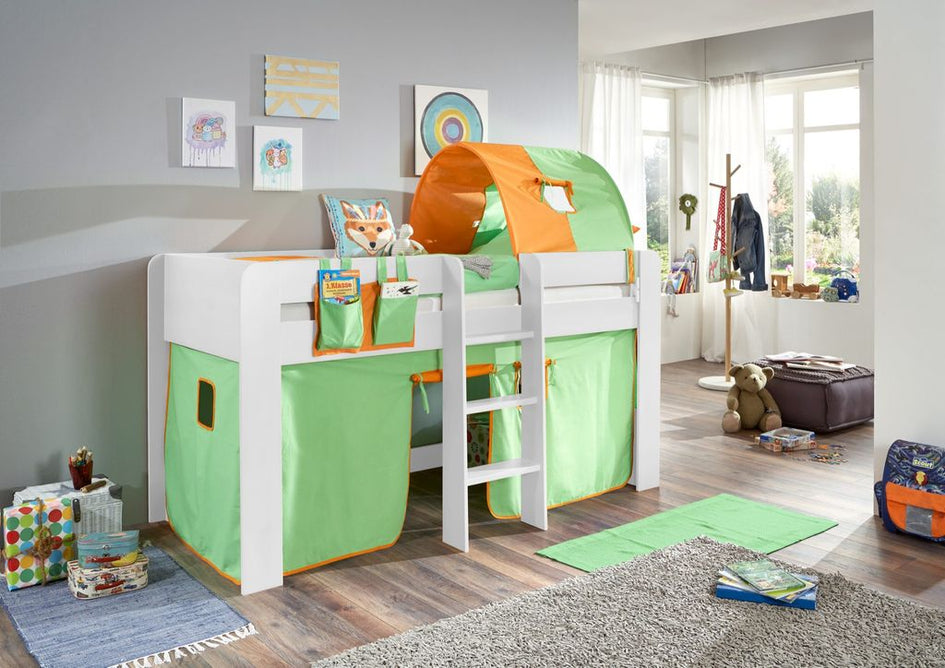 Hochbett ANDI 2 Kinderbett Spielbett halbhohes Bett Weiß Stoffset Grün/Orange - Froschkönig24