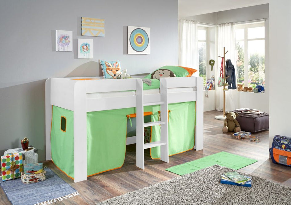 Hochbett ANDI 1 Kinderbett Spielbett halbhohes Bett Weiß Stoffset Grün/Orange - Froschkönig24