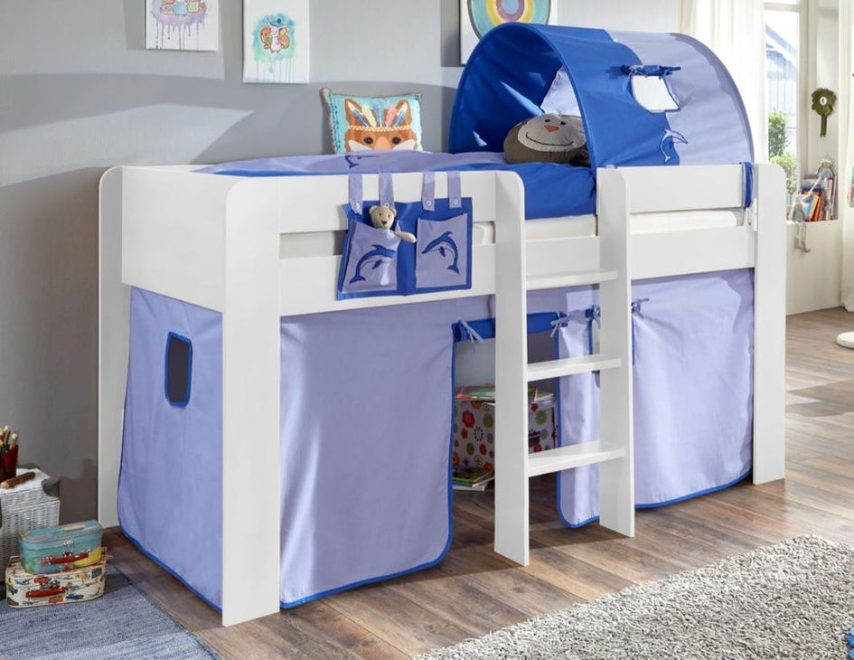 Hochbett ANDI 2 Kinderbett Spielbett halbhohes Bett Weiß Stoffset Blau/Delfin - Froschkönig24