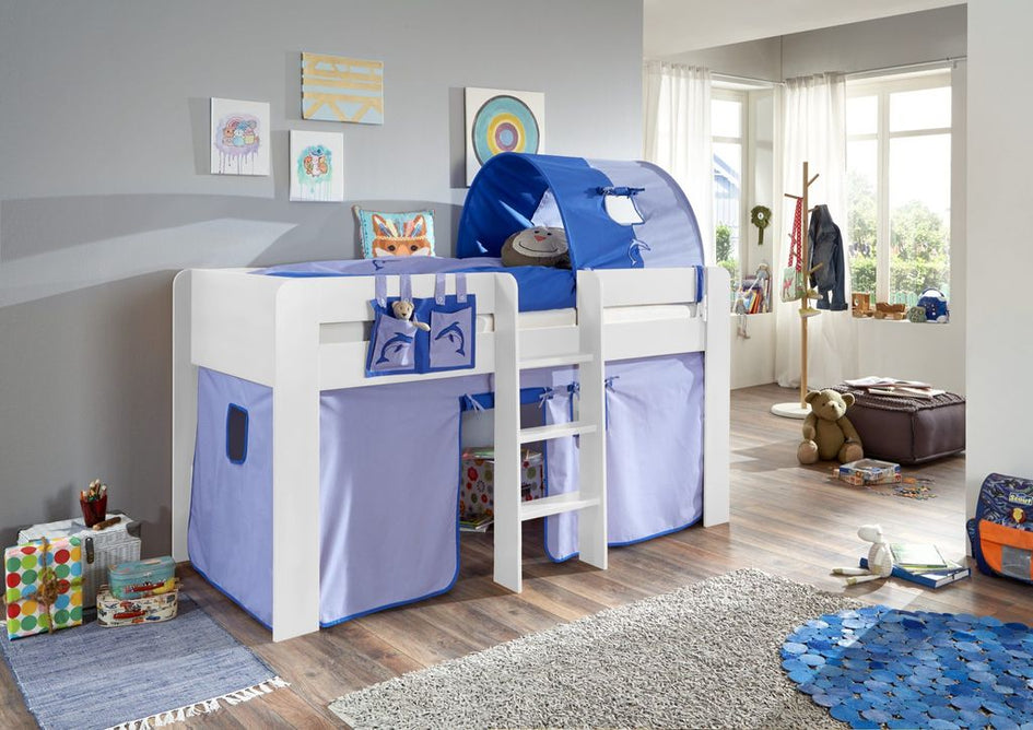 Hochbett ANDI 2 Kinderbett Spielbett halbhohes Bett Weiß Stoffset Blau/Delfin - Froschkönig24