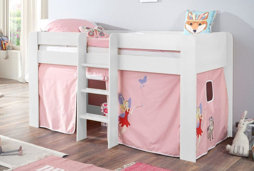 Hochbett ANDI 1 Kinderbett Spielbett halbhohes Bett Weiß Stoffset Prinzessin - Froschkönig24