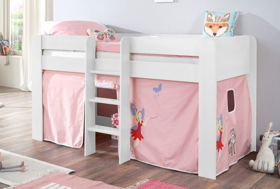 Hochbett ANDI 1 Kinderbett Spielbett halbhohes Bett Weiß Stoffset Prinzessin - Froschkönig24