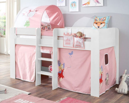 Hochbett ANDI 2 Kinderbett Spielbett halbhohes Bett Weiß Stoffset Prinzessin - Froschkönig24