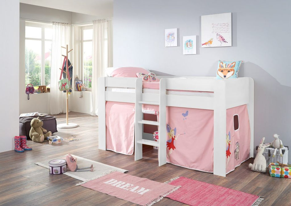 Hochbett ANDI 1 Kinderbett Spielbett halbhohes Bett Weiß Stoffset Prinzessin - Froschkönig24