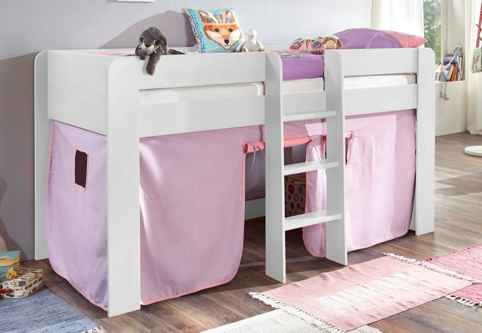 Hochbett ANDI 1 Kinderbett Spielbett halbhohes Bett Weiß Stoffset Lila/Rosa - Froschkönig24