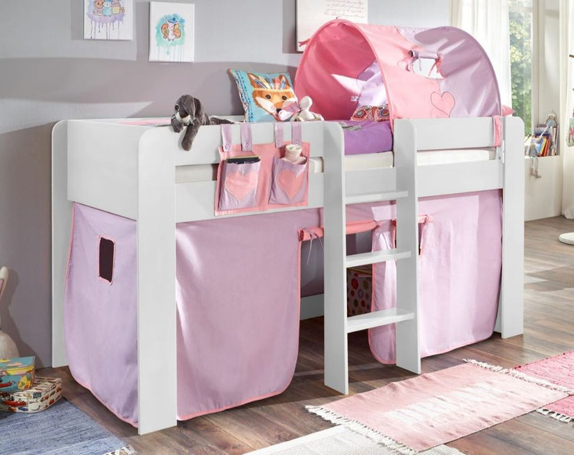 Hochbett ANDI 2 Kinderbett Spielbett halbhohes Bett Weiß Stoffset Lila/Rosa - Froschkönig24