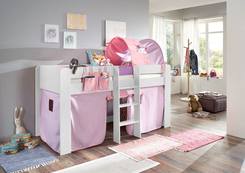 Hochbett ANDI 2 Kinderbett Spielbett halbhohes Bett Weiß Stoffset Lila/Rosa - Froschkönig24