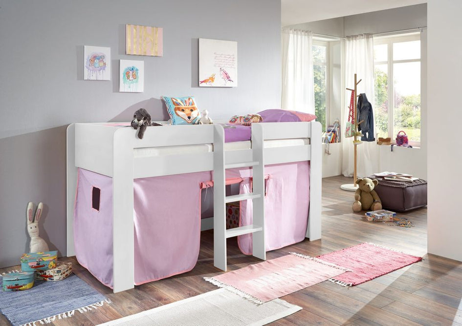 Hochbett ANDI 1 Kinderbett Spielbett halbhohes Bett Weiß Stoffset Lila/Rosa - Froschkönig24