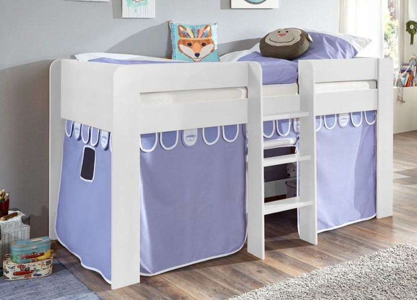 Hochbett ANDI 1 Kinderbett Spielbett halbhohes Bett Weiß Stoffset Blau/Boy - Froschkönig24