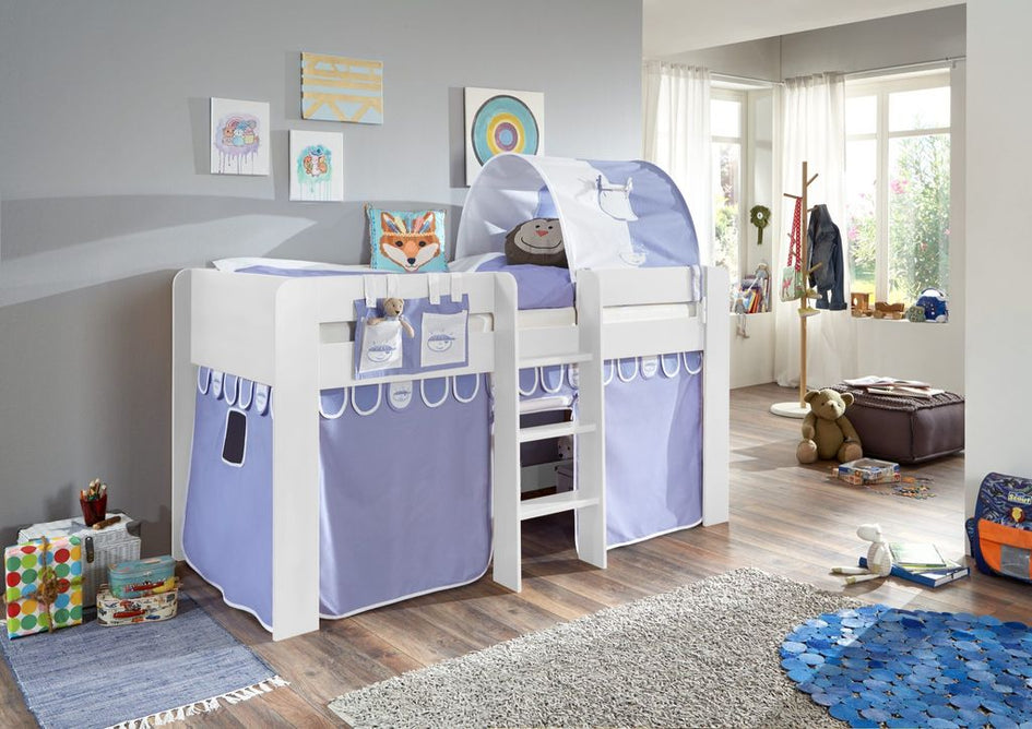 Hochbett ANDI 2 Kinderbett Spielbett halbhohes Bett Weiß Stoffset Blau/Boy - Froschkönig24