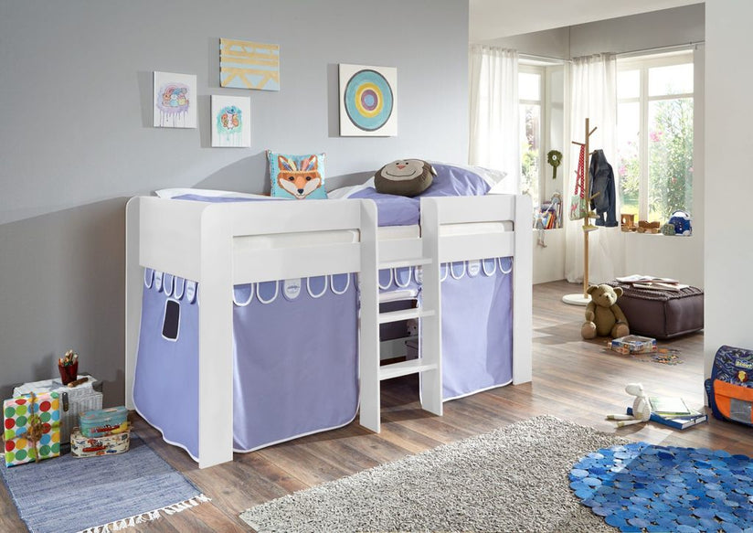 Hochbett ANDI 1 Kinderbett Spielbett halbhohes Bett Weiß Stoffset Blau/Boy - Froschkönig24