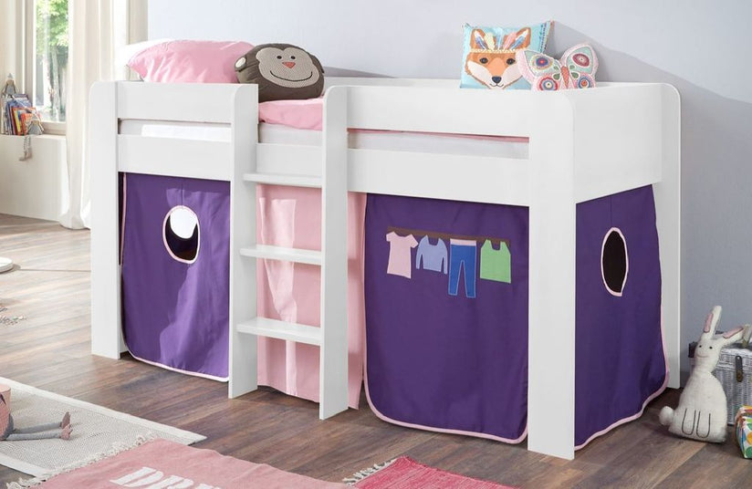 Hochbett ANDI 1 Kinderbett Spielbett halbhohes Bett Weiß Stoffset Rosa/Violett - Froschkönig24