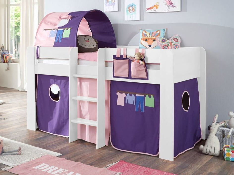 Hochbett ANDI 2 Kinderbett Spielbett halbhohes Bett Weiß Stoffset Rosa/Violett - Froschkönig24