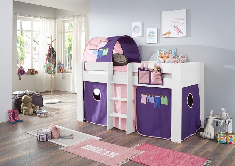 Hochbett ANDI 2 Kinderbett Spielbett halbhohes Bett Weiß Stoffset Rosa/Violett - Froschkönig24