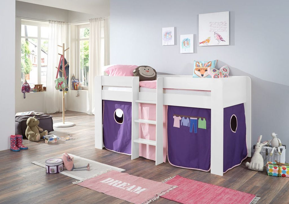 Hochbett ANDI 1 Kinderbett Spielbett halbhohes Bett Weiß Stoffset Rosa/Violett - Froschkönig24