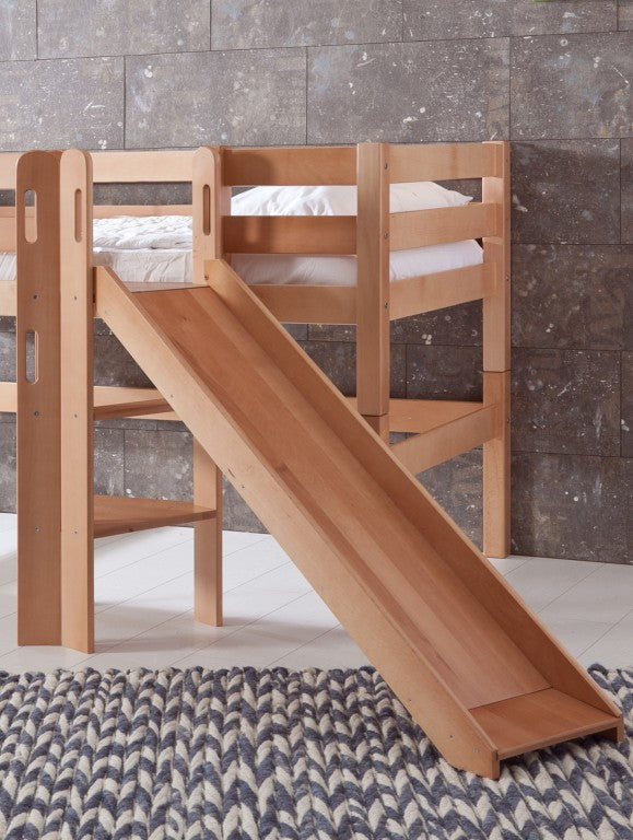 Hochbett ELIYAS Kinderbett mit Rutsche Spielbett Bett Natur Stoffset Blau/Rot - Froschkönig24