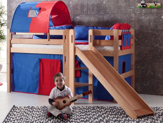 Hochbett ELIYAS Kinderbett mit Rutsche Spielbett Bett Natur Stoffset Blau/Rot - Froschkönig24