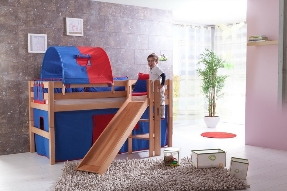 Hochbett ELIYAS Kinderbett mit Rutsche Spielbett Bett Natur Stoffset Blau/Rot - Froschkönig24