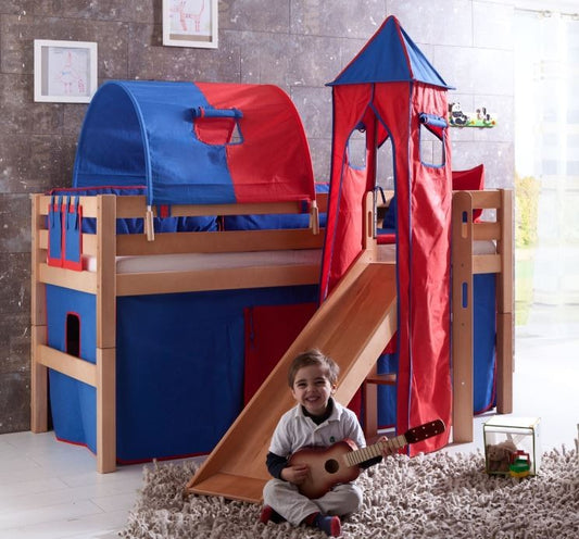 Hochbett ELIYAS Kinderbett mit Rutsche Spielbett Bett Natur Stoffset Blau/Rot - Froschkönig24