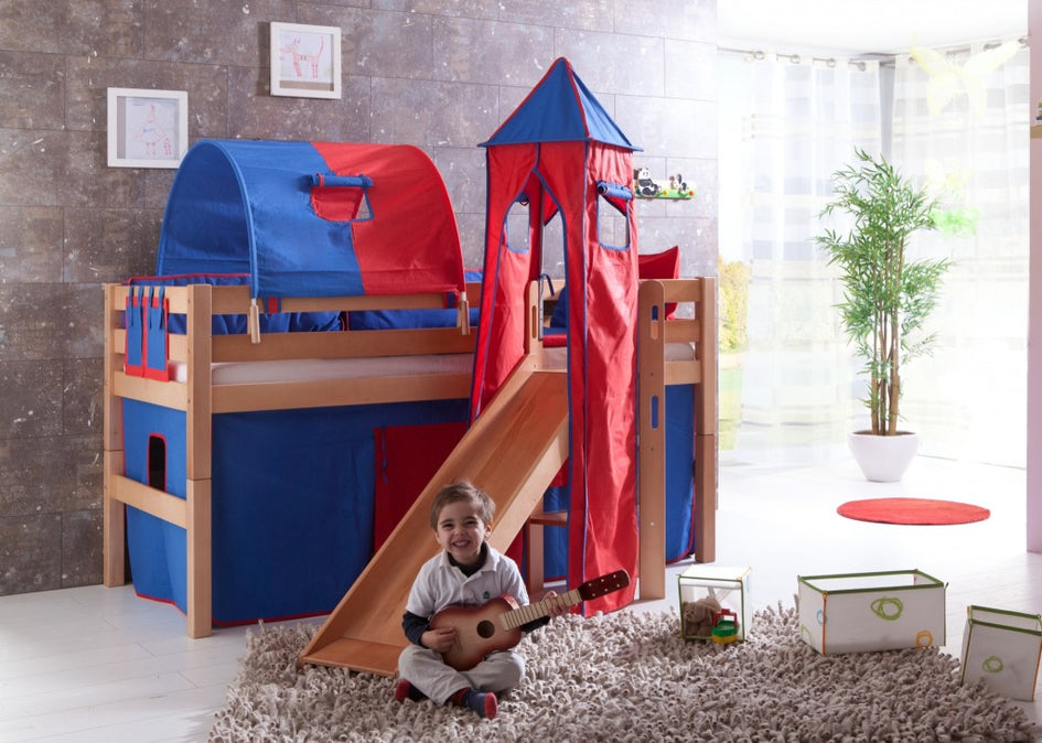 Hochbett ELIYAS Kinderbett mit Rutsche Spielbett Bett Natur Stoffset Blau/Rot - Froschkönig24