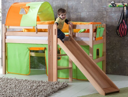 Hochbett ELIYAS Kinderbett mit Rutsche Spielbett Bett Natur Stoffset Grün/Orange - Froschkönig24