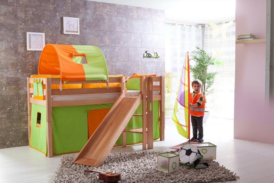 Hochbett ELIYAS Kinderbett mit Rutsche Spielbett Bett Natur Stoffset Grün/Orange - Froschkönig24