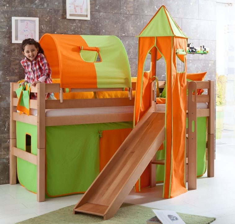 Hochbett ELIYAS Kinderbett mit Rutsche Spielbett Bett Natur Stoffset Grün/Orange - Froschkönig24