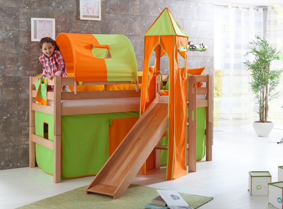 Hochbett ELIYAS Kinderbett mit Rutsche Spielbett Bett Natur Stoffset Grün/Orange - Froschkönig24