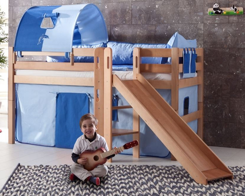 Hochbett ELIYAS Kinderbett mit Rutsche Spielbett Bett Natur Stoffset Blau/Delfin - Froschkönig24