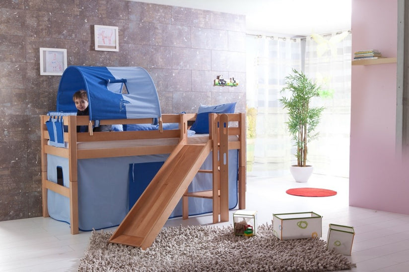 Hochbett ELIYAS Kinderbett mit Rutsche Spielbett Bett Natur Stoffset Blau/Delfin - Froschkönig24