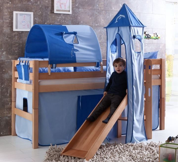 Hochbett ELIYAS Kinderbett mit Rutsche Spielbett Bett Natur Stoffset Blau/Delfin - Froschkönig24