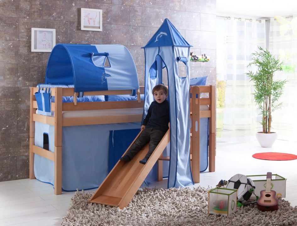 Hochbett ELIYAS Kinderbett mit Rutsche Spielbett Bett Natur Stoffset Blau/Delfin - Froschkönig24