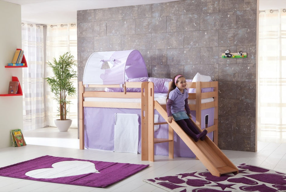 Hochbett ELIYAS Kinderbett mit Rutsche Spielbett Bett Natur Stoffset Lila/Weiß - Froschkönig24