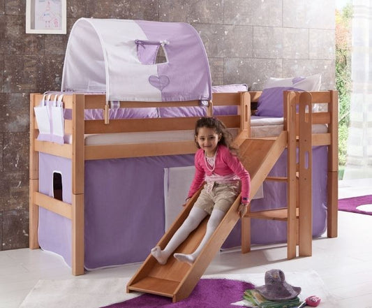 Hochbett ELIYAS Kinderbett mit Rutsche Spielbett Bett Natur Stoffset Lila/Weiß - Froschkönig24