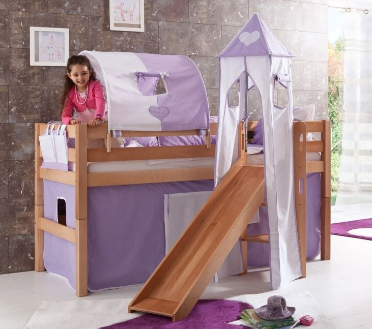 Hochbett ELIYAS Kinderbett mit Rutsche Spielbett Bett Natur Stoffset Lila/Weiß - Froschkönig24