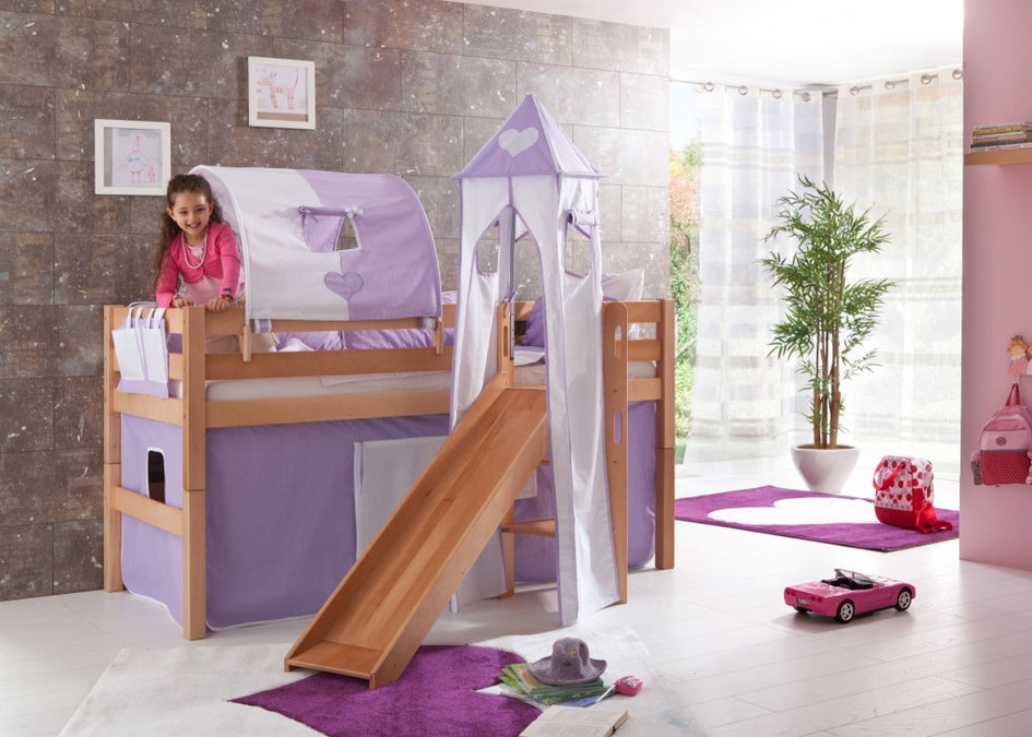 Hochbett ELIYAS Kinderbett mit Rutsche Spielbett Bett Natur Stoffset Lila/Weiß - Froschkönig24