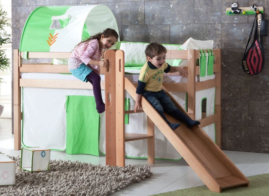 Hochbett ELIYAS Kinderbett mit Rutsche Spielbett Bett Natur Stoffset Indianer - Froschkönig24