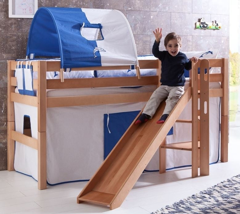 Hochbett ELIYAS Kinderbett mit Rutsche Spielbett Bett Natur Stoffset Weiß/Delfin - Froschkönig24